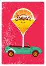 Summer Party typographic grunge vintage poster design with cabriolet and cocktail martini glass. Retro vector illustration. Royalty Free Stock Photo